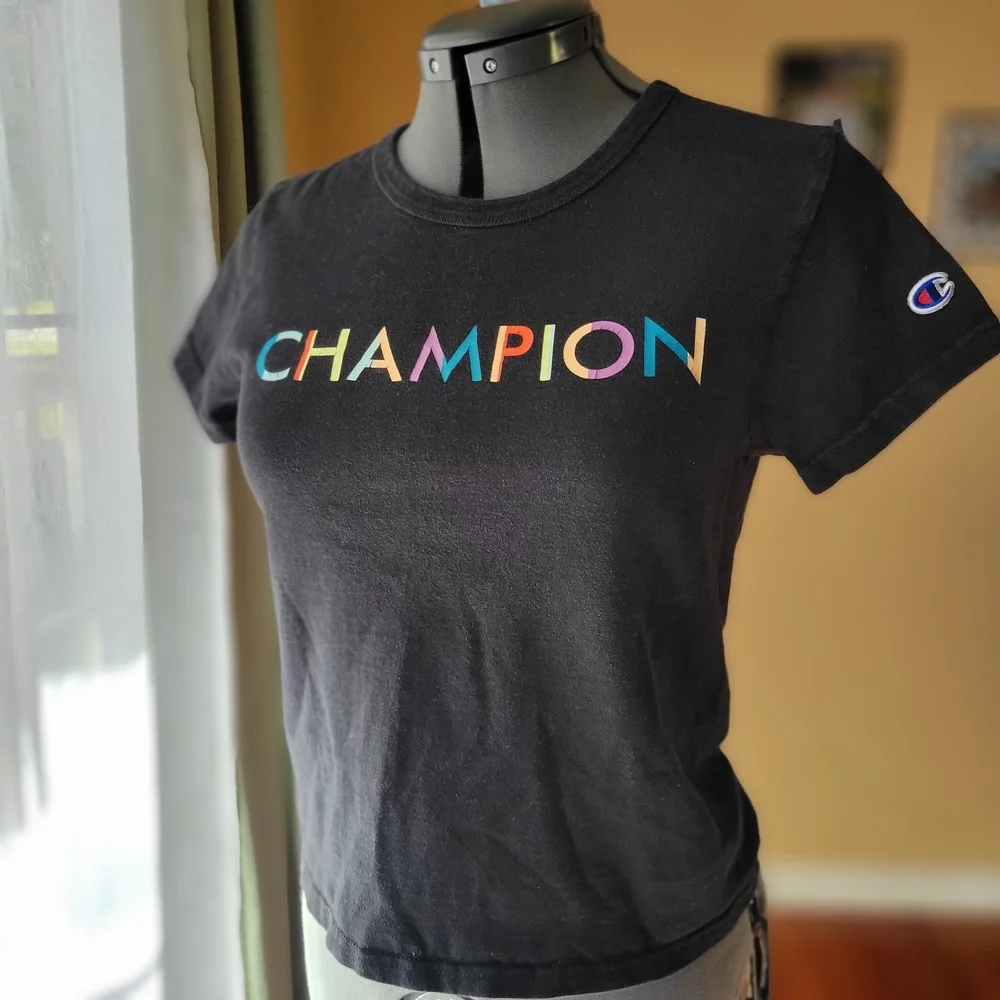 Champion Black Multicolor Logo T-Shirt Women's Size Medium - Picture 2 of 8